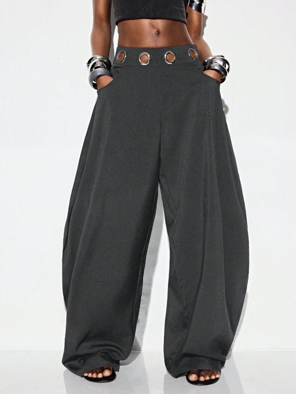 Grey Casual Women's Loose Lined Elastic Waist Extra Long Pocket Wide Leg Pants